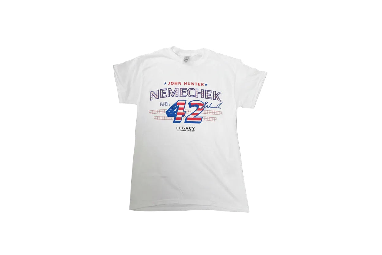 JOHN HUNTER NEMECHEK LEGACY SALUTES NO. 42 RED-WHITE-BLUE TEE