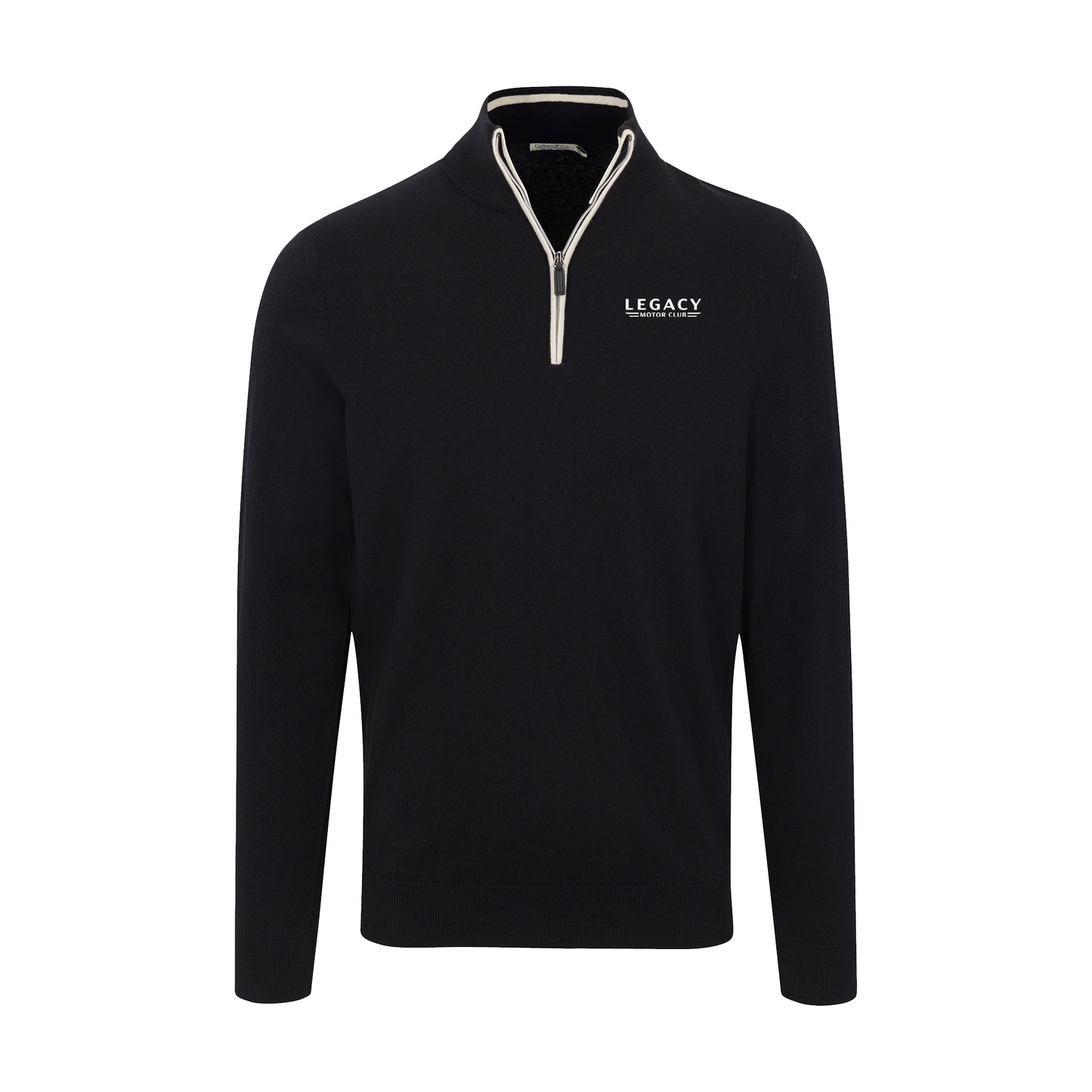 LEGACY MOTOR CLUB x Collars & Co. Black with White Trim Luxury Touch Cotton and Cashmere Quarter Zip Sweater
