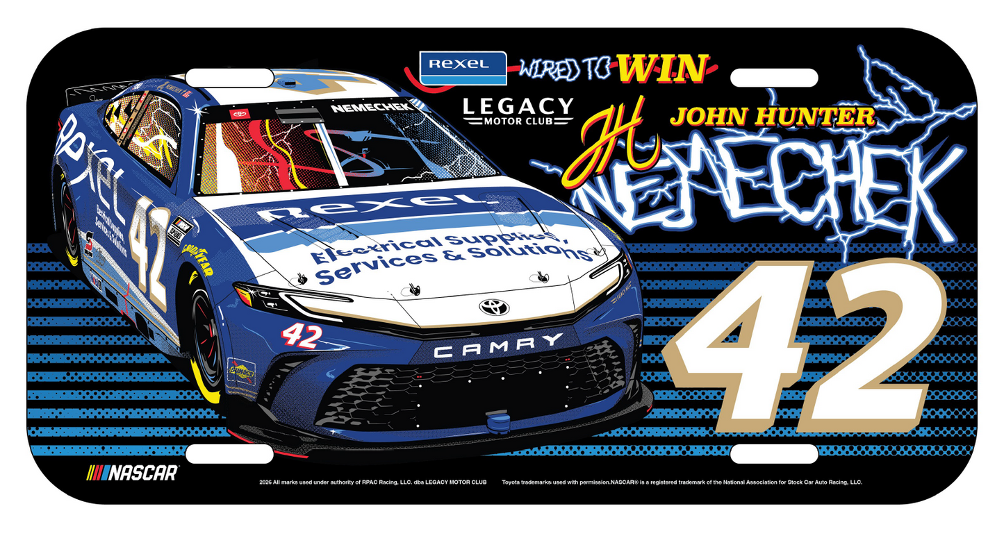 JOHN HUNTER NEMECHEK REXEL "WIRED TO WIN" LICENSE PLATE